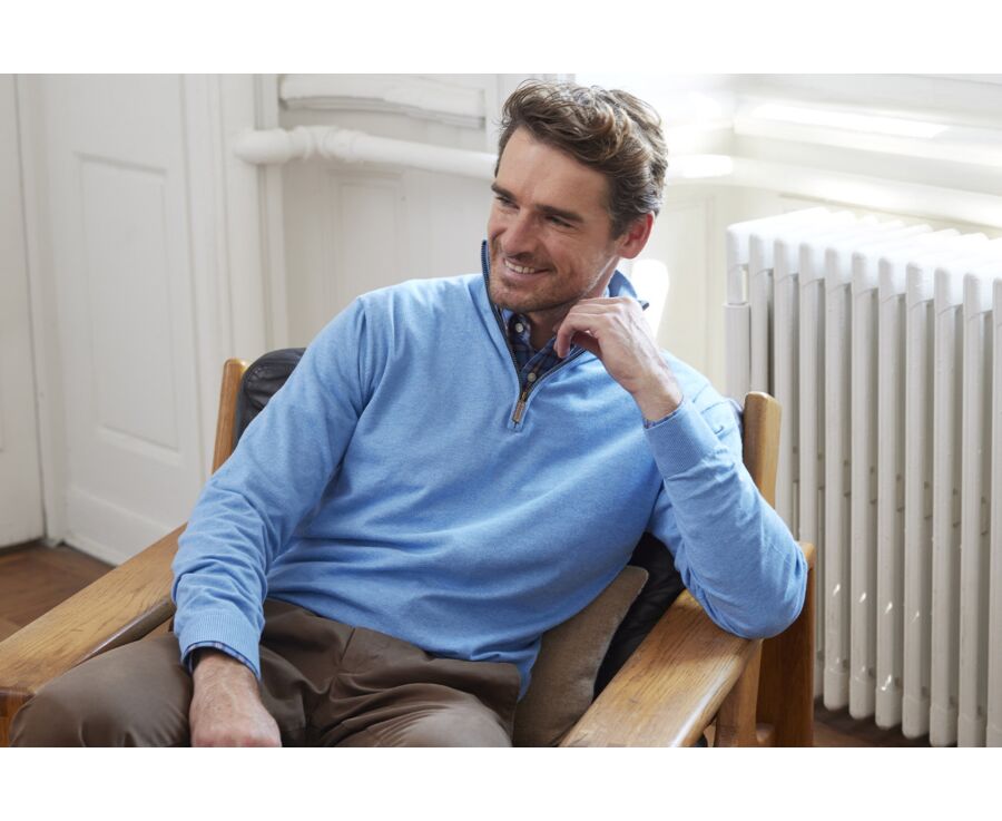 Pull fin homme coton bio/cachemire col zippé Bleu Chiné - VLAD