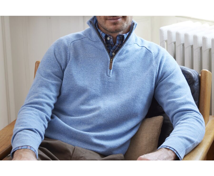 Pull fin homme coton bio/cachemire col zippé Bleu Chiné - VLAD