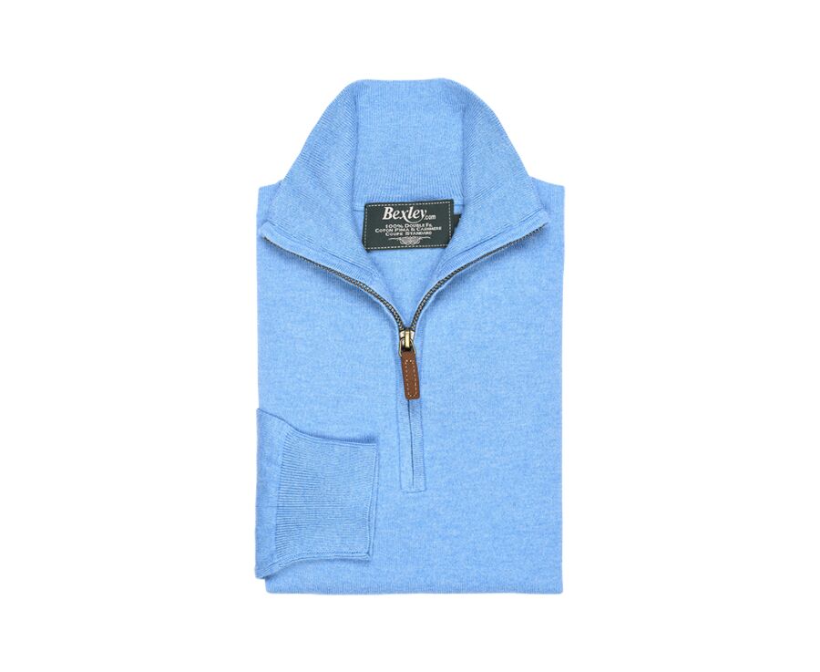 Pull fin homme coton bio/cachemire col zippé Bleu Chiné - VLAD