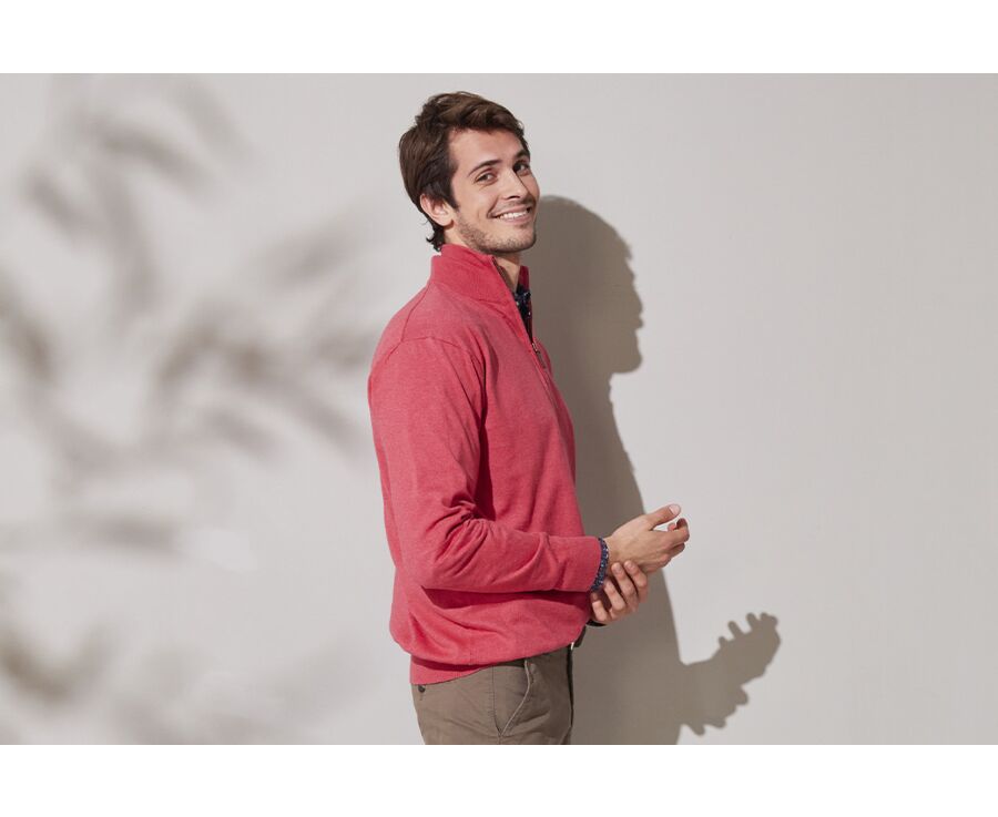Pull fin homme coton/cachemire col zippé Framboise - VLAD