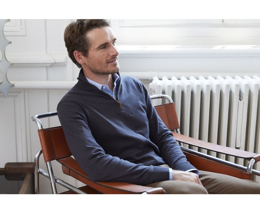 Pull fin homme coton/cachemire col zippé Gris Réglisse - VLAD