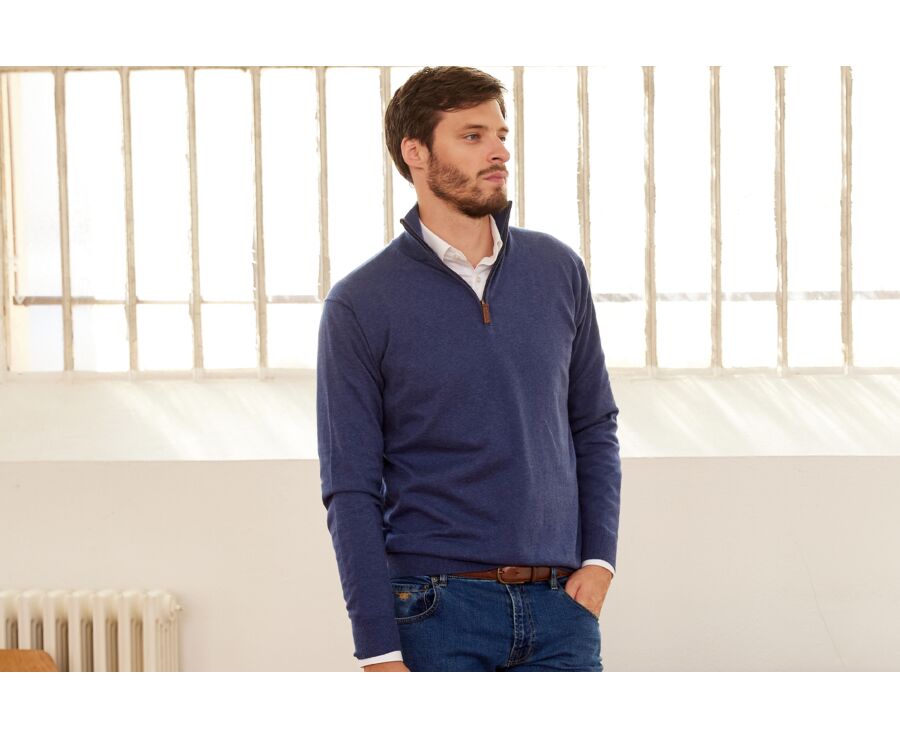 Pull col zippé homme fin coton bio/cachemire Bleu Foncé Chiné - VLAD