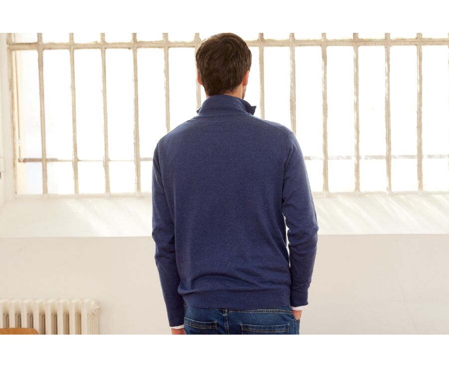 Pull col zippé homme fin coton bio/cachemire Bleu Foncé Chiné - VLAD
