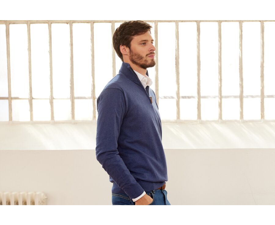 Pull col zippé homme fin coton bio/cachemire Bleu Foncé Chiné - VLAD