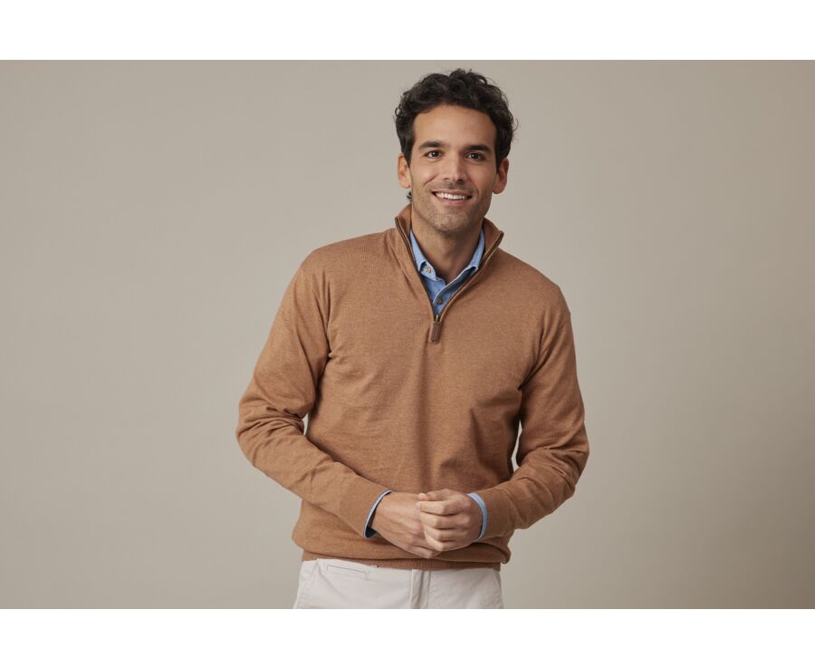 Pull fin homme coton bio/cachemire col zippé Marron Chiné - VLAD