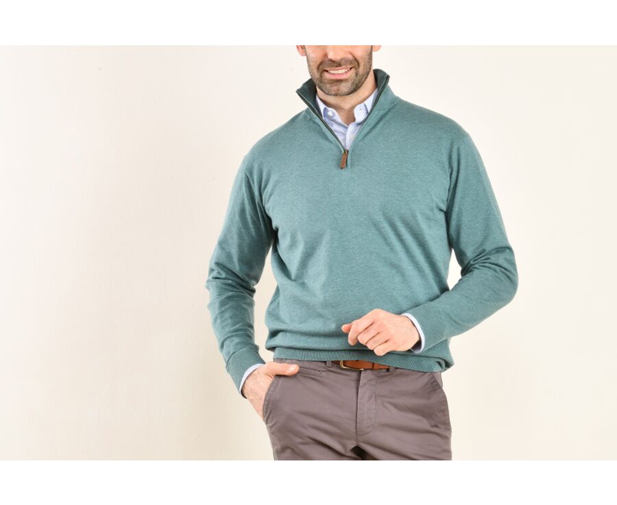 Pull fin homme coton bio/cachemire col zippé Vert Scandinave Chiné - VLAD