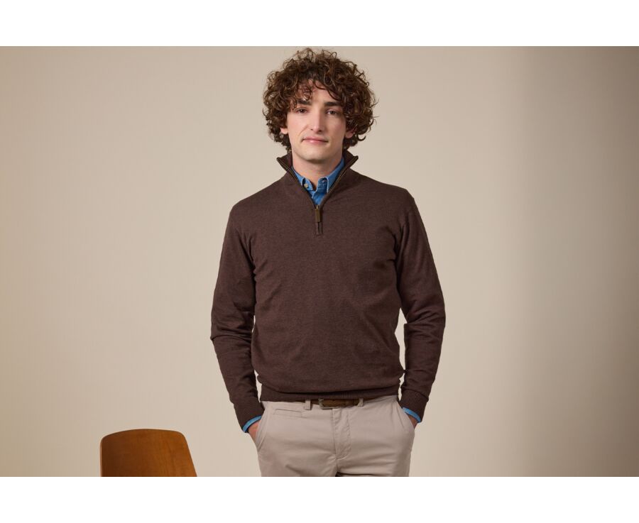 Pull fin homme coton bio/cachemire col zippé Chocolat Foncé - VLAD
