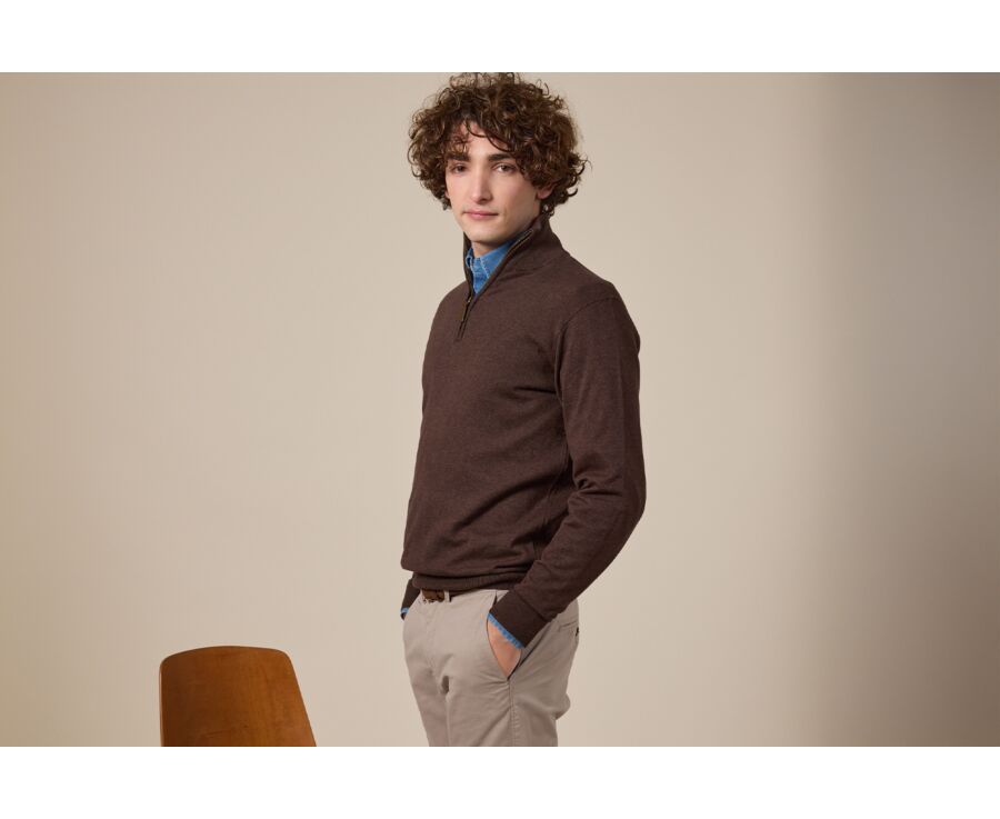 Pull fin homme coton bio/cachemire col zippé Chocolat Foncé - VLAD