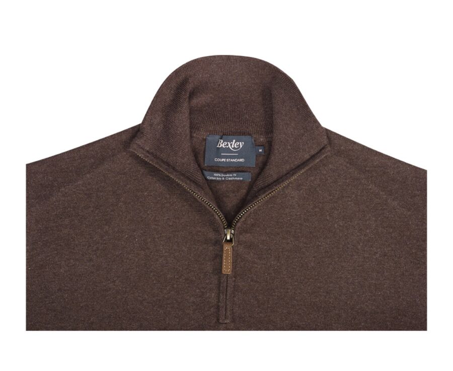 Pull fin homme coton bio/cachemire col zippé Chocolat Foncé - VLAD