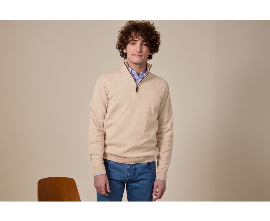 Pull col zippé homme fin coton bio/cachemire Beige Chiné - VLAD