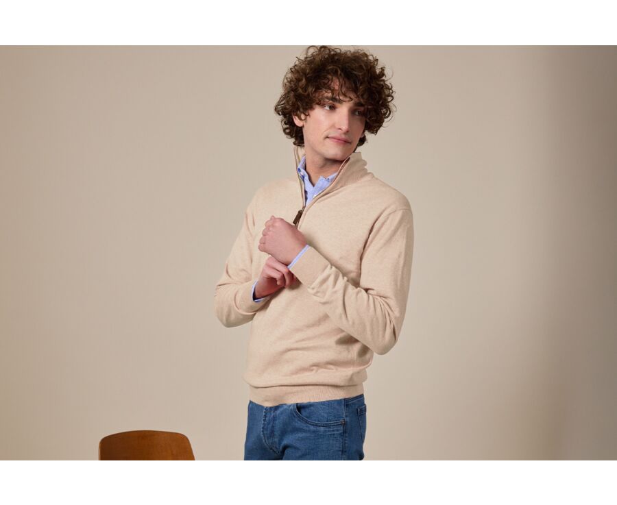 Pull col zippé homme fin coton bio/cachemire Beige Chiné - VLAD