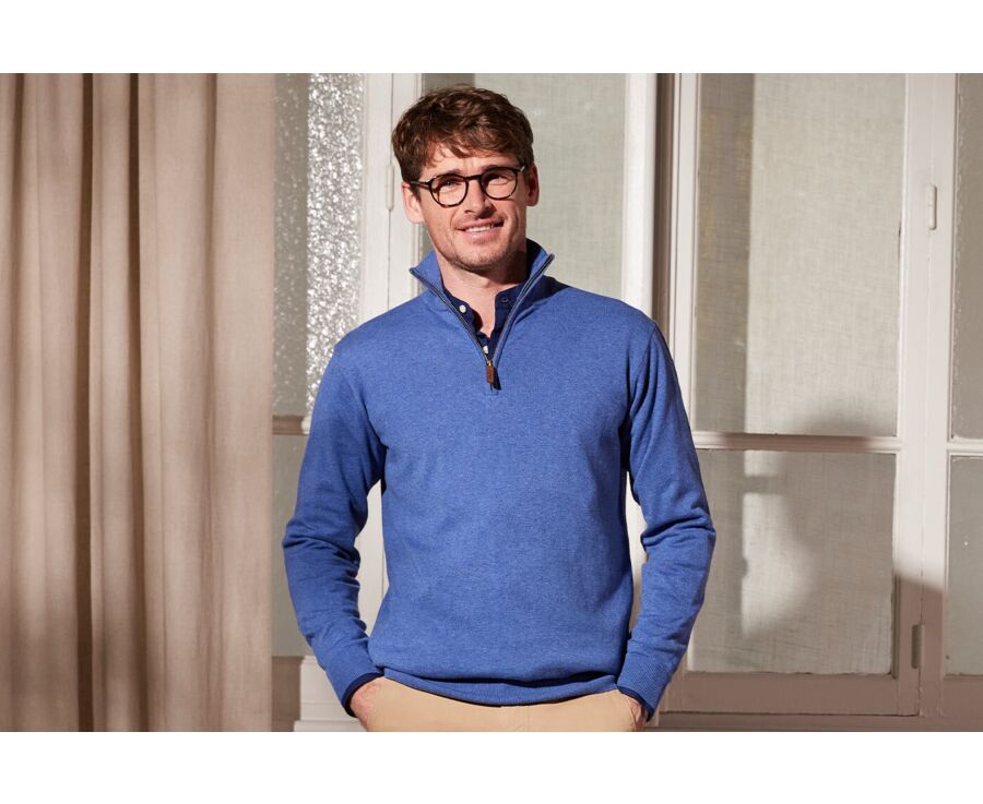 Pull col zippé homme fin coton bio/cachemire Bleu moyen Chiné - VLAD