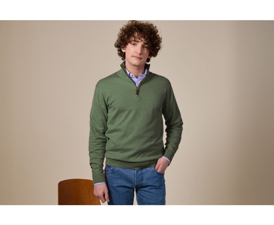 Pull fin homme coton bio/cachemire col zippé Vert Sauge Chiné - VLAD
