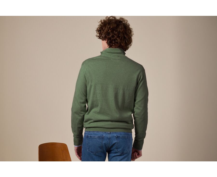 Pull fin homme coton bio/cachemire col zippé Vert Sauge Chiné - VLAD