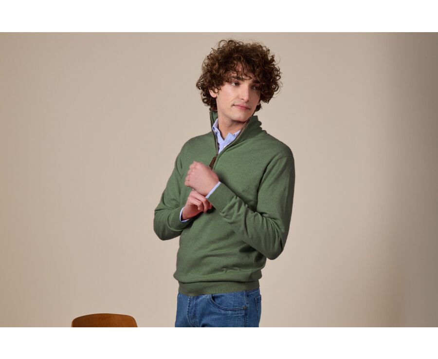 Pull fin homme coton bio/cachemire col zippé Vert Sauge Chiné - VLAD
