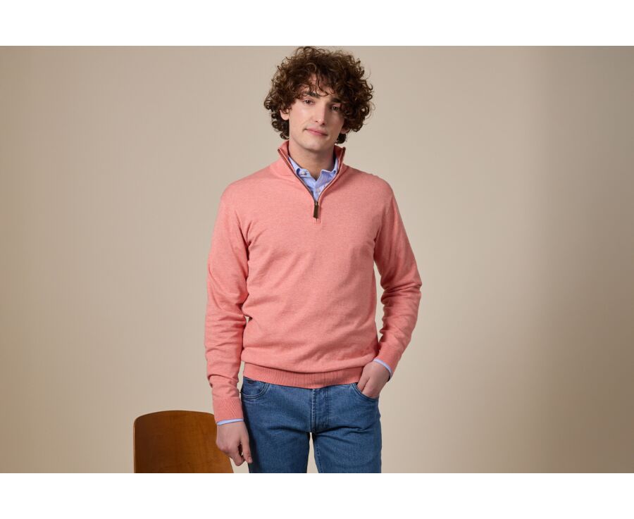 Pull fin homme coton bio/cachemire col zippé Orange Chiné - VLAD