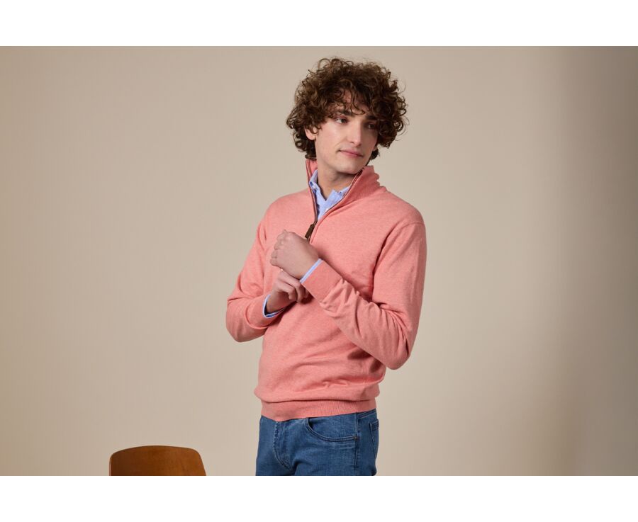 Pull fin homme coton bio/cachemire col zippé Orange Chiné - VLAD