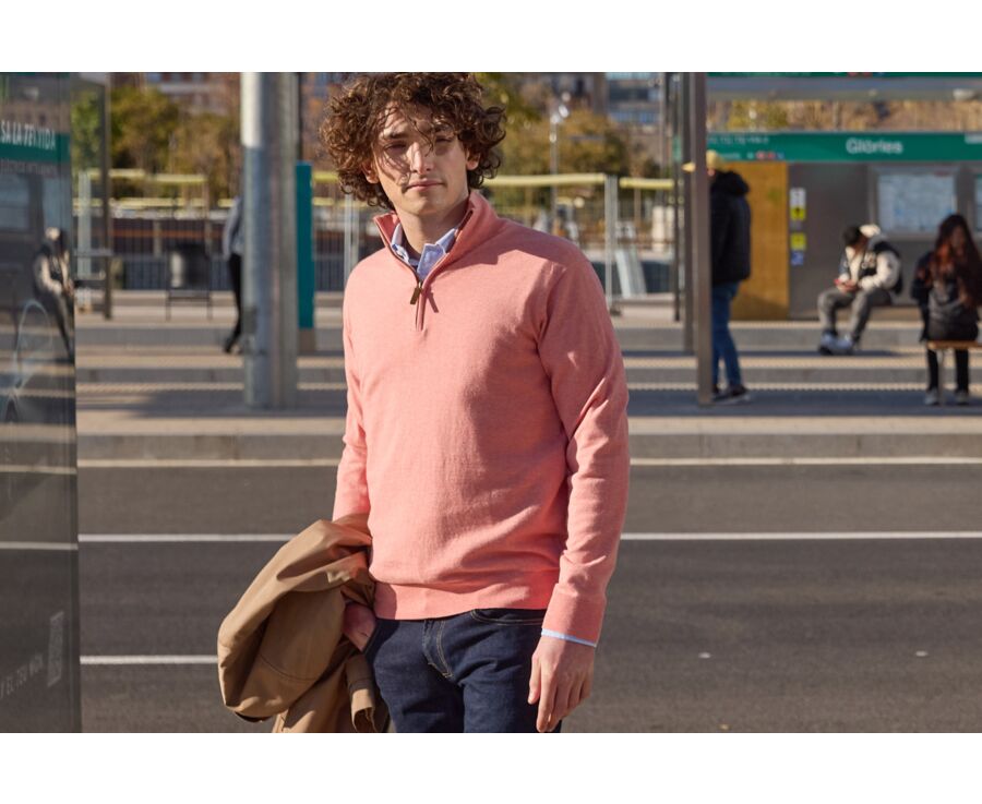 Pull fin homme coton bio/cachemire col zippé Orange Chiné - VLAD