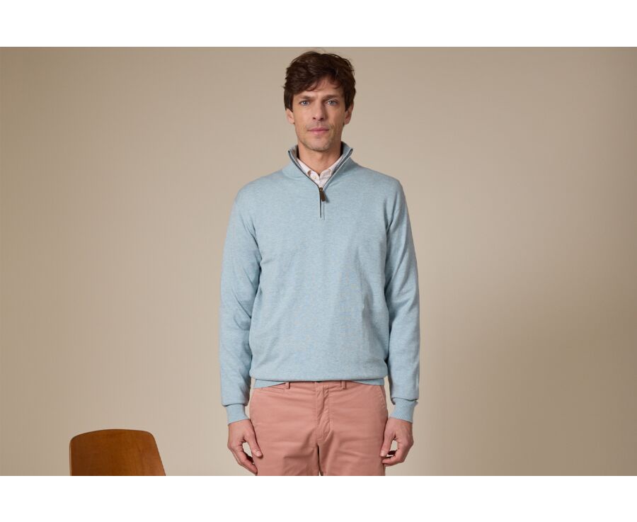 Pull fin homme coton bio/cachemire col zippé Bleu Pastel - VLAD