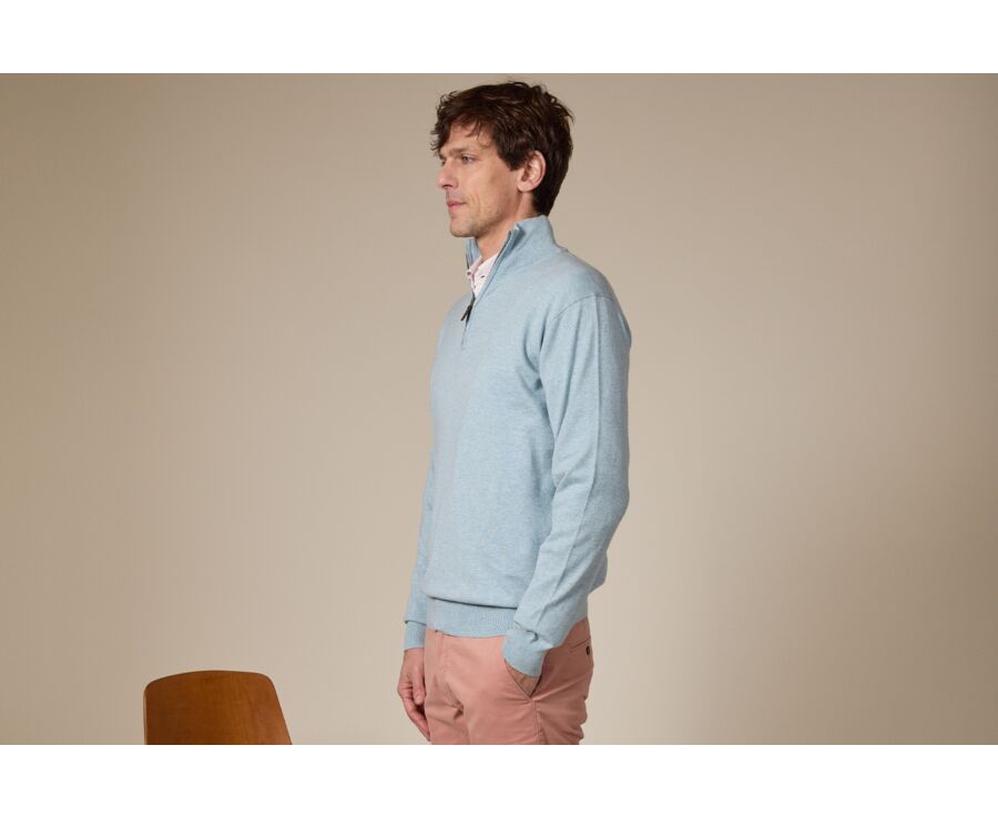 Pull fin homme coton bio/cachemire col zippé Bleu Pastel - VLAD
