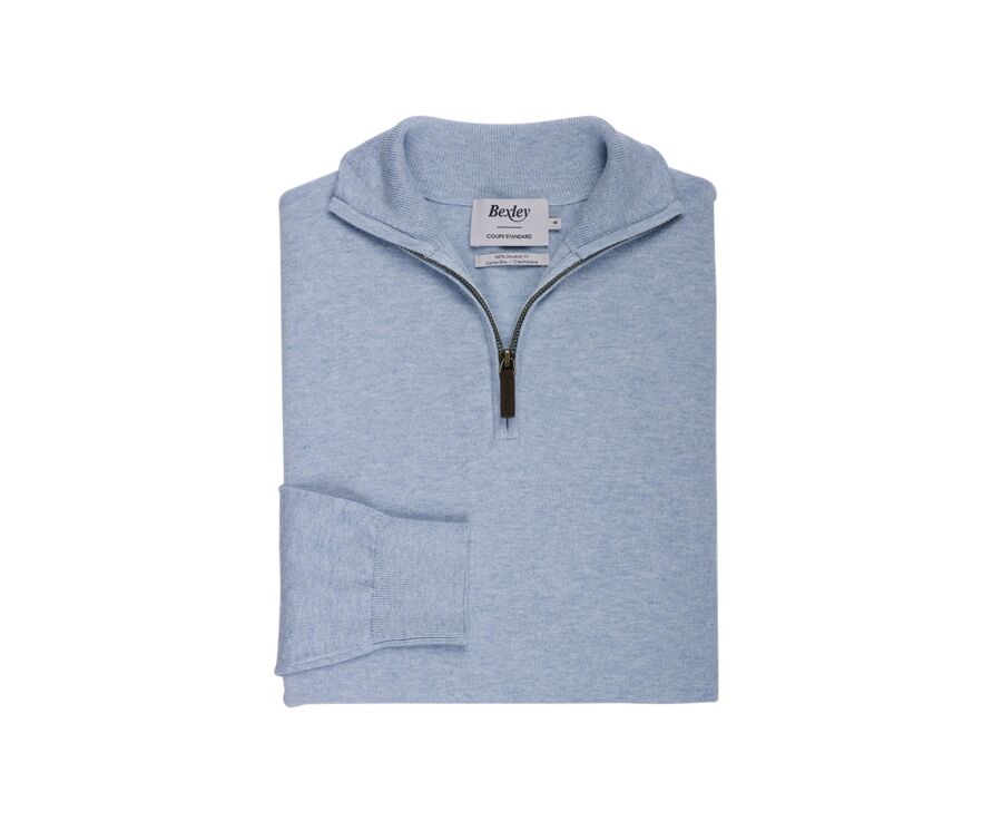 Pull fin homme coton bio/cachemire col zippé Bleu Pastel - VLAD