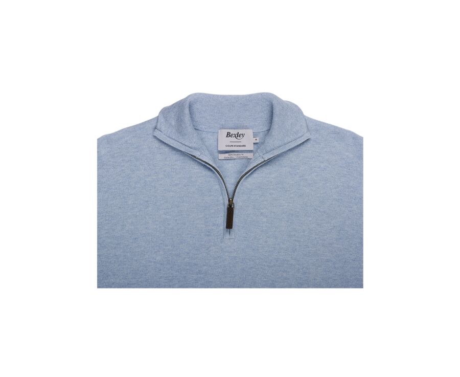 Pull fin homme coton bio/cachemire col zippé Bleu Pastel - VLAD