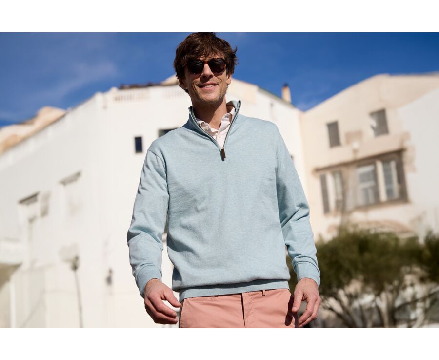 Pull fin homme coton bio/cachemire col zippé Bleu Pastel - VLAD