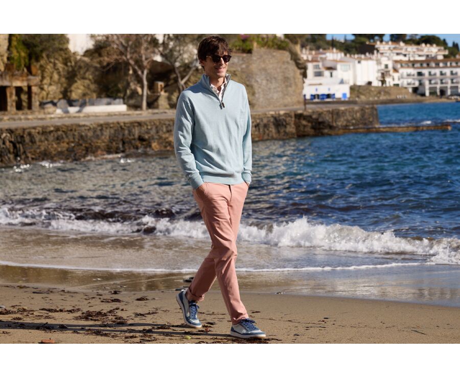 Pull fin homme coton bio/cachemire col zippé Bleu Pastel - VLAD