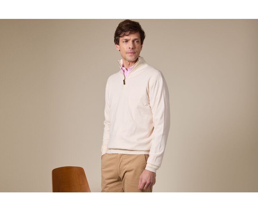 Pull fin homme coton bio/cachemire col zippé Ecru Chiné - VLAD