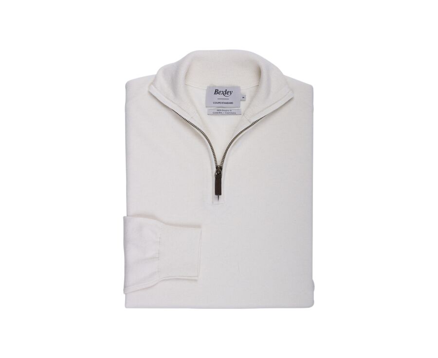 Pull fin homme coton bio/cachemire col zippé Ecru Chiné - VLAD