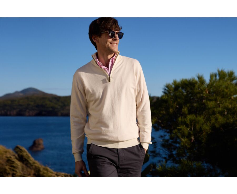 Pull fin homme coton bio/cachemire col zippé Ecru Chiné - VLAD