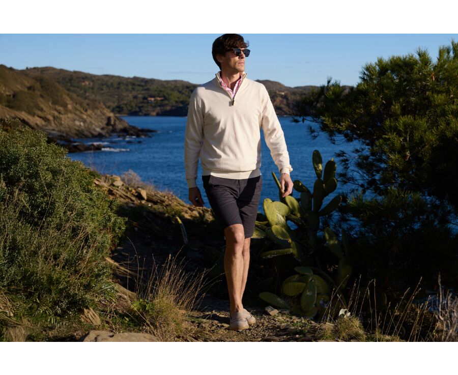 Pull fin homme coton bio/cachemire col zippé Ecru Chiné - VLAD