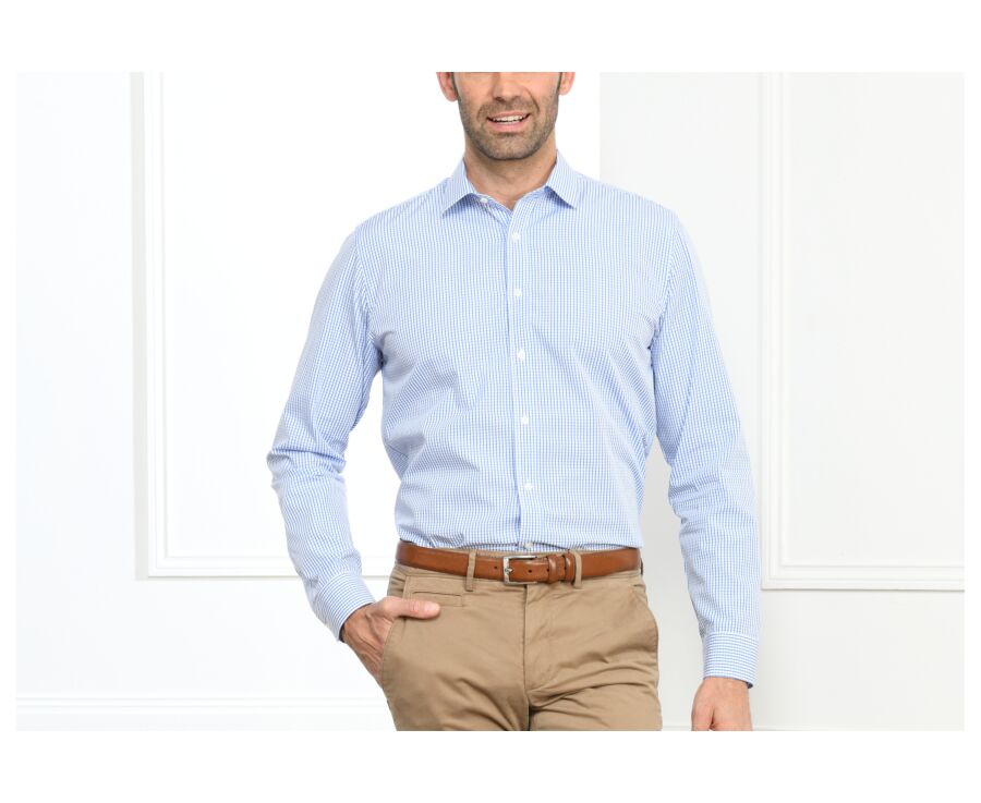 Chemise blanche carreaux bleus - Col français - ALEXIS