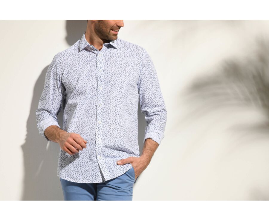 Chemise blanche imprimée fleurs bleues - Col français - MATHURIN