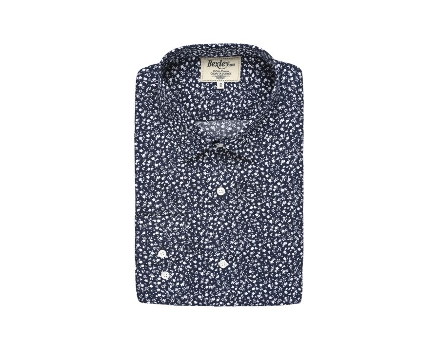 Chemise navy imprimée fleurs blanches - Col français - MATHURIN