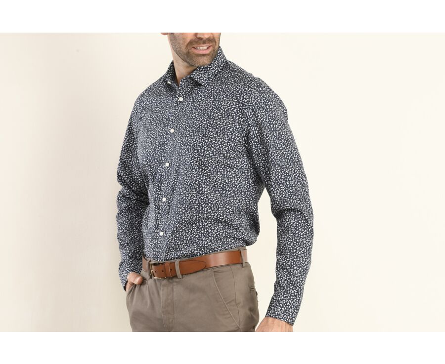 Chemise navy imprimée fleurs blanches - Col français - MATHURIN