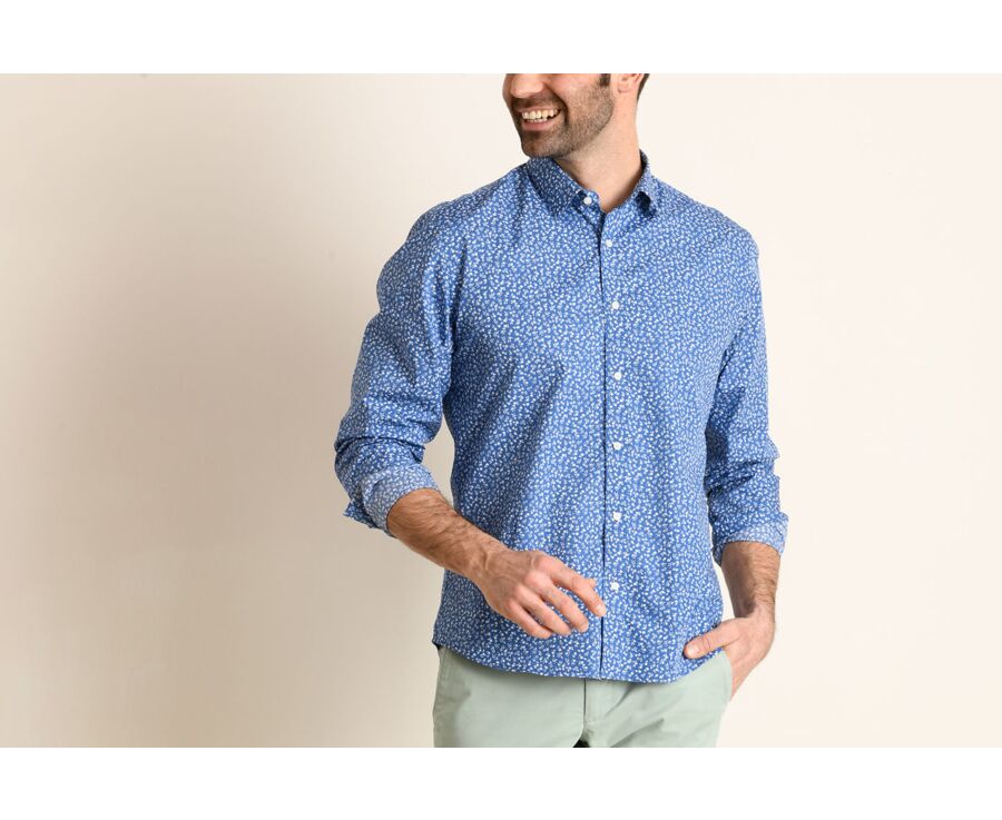 Chemise bleue imprimée fleurs blanches - Col français - MATHURIN