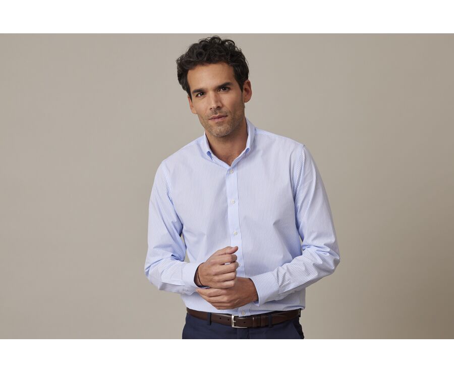Chemise coton rayures bleues claires et blanches - Col américain - MARLOW