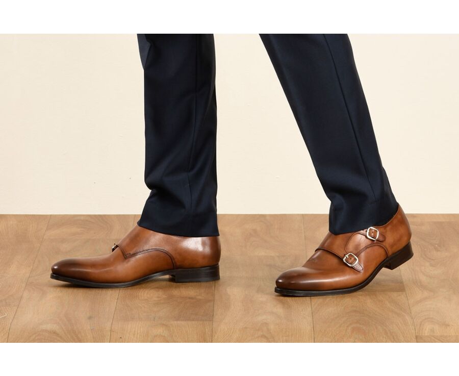 Chaussures homme double boucle Cognac Patiné - CHIGWELL