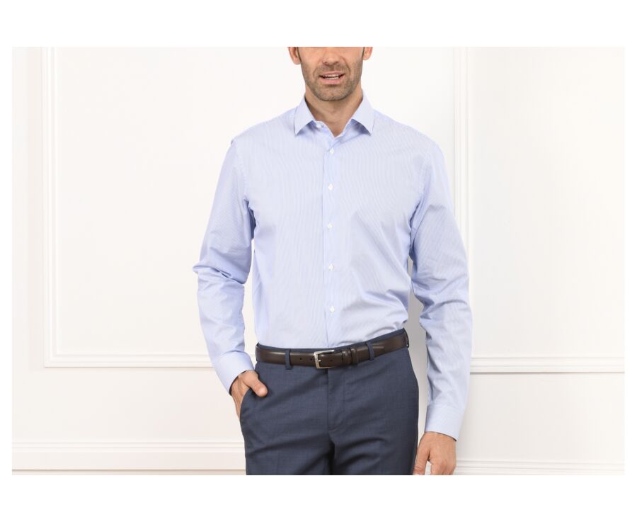 Chemise à fines rayures bleues - Col français - AUBERTIN CLASSIC