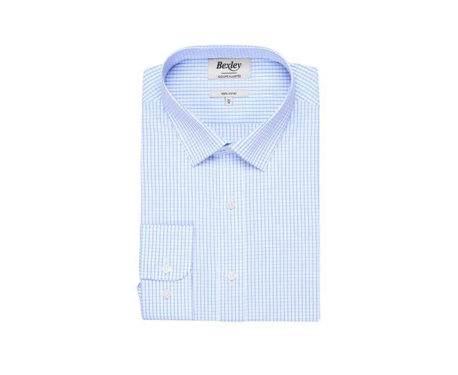 Chemise blanche à carreaux bleus clairs - Col français - ALFIERO