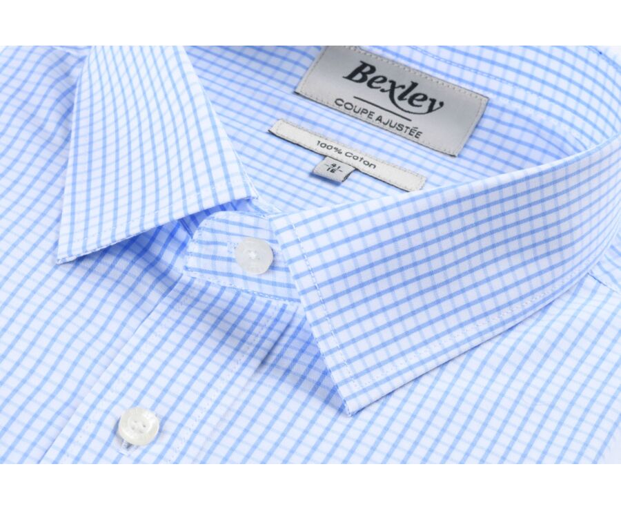 Chemise blanche à carreaux bleus clairs - Col français - ALFIERO