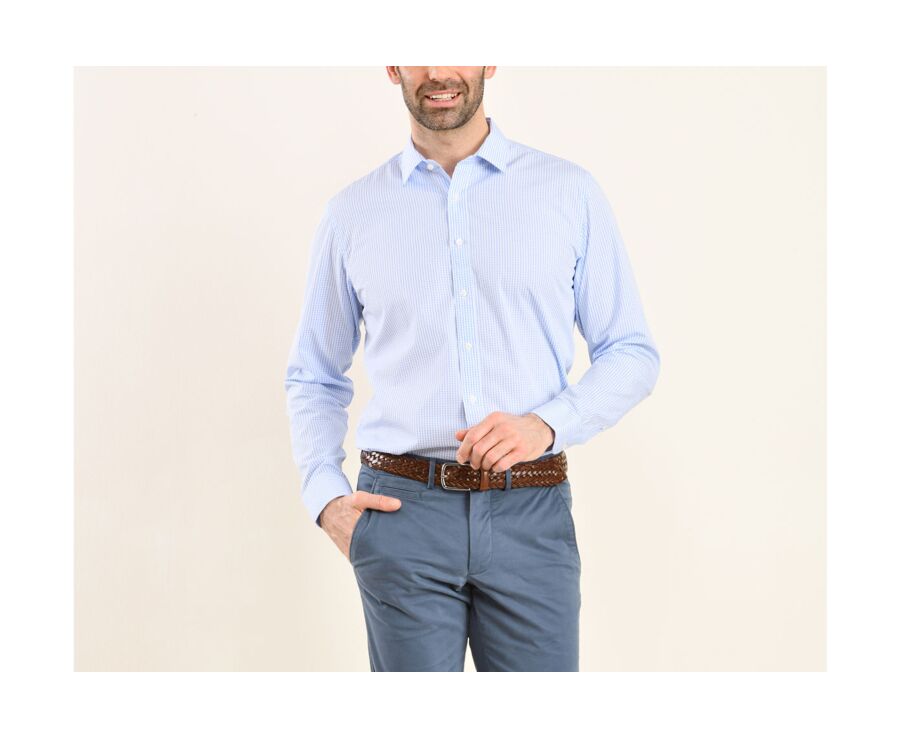 Chemise blanche à carreaux bleus clairs - Col français - ALFIERO