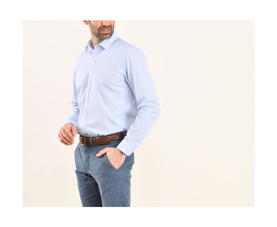 Chemise blanche à carreaux bleus clairs - Col français - ALFIERO