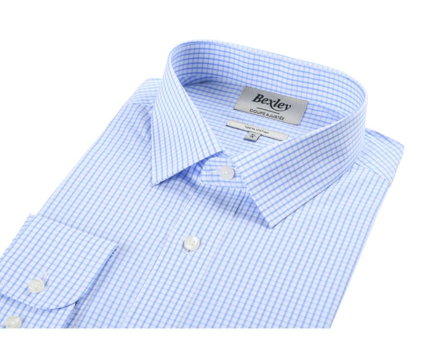 Chemise blanche à carreaux bleus clairs - Col français - ALFIERO