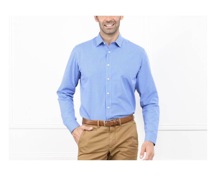 Chemise bleue carreaux blancs - Col français - GRACIEN