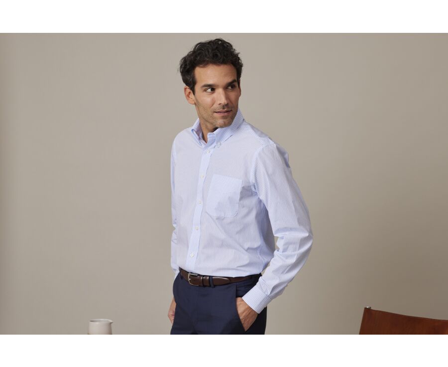 Chemise coton rayures Bleues Claires et blanches - Col américain - MARLON