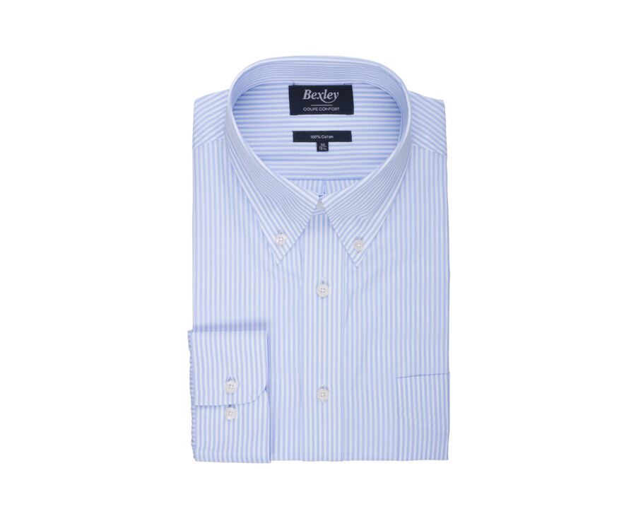 Chemise coton rayures Bleues Claires et blanches - Col américain - MARLON