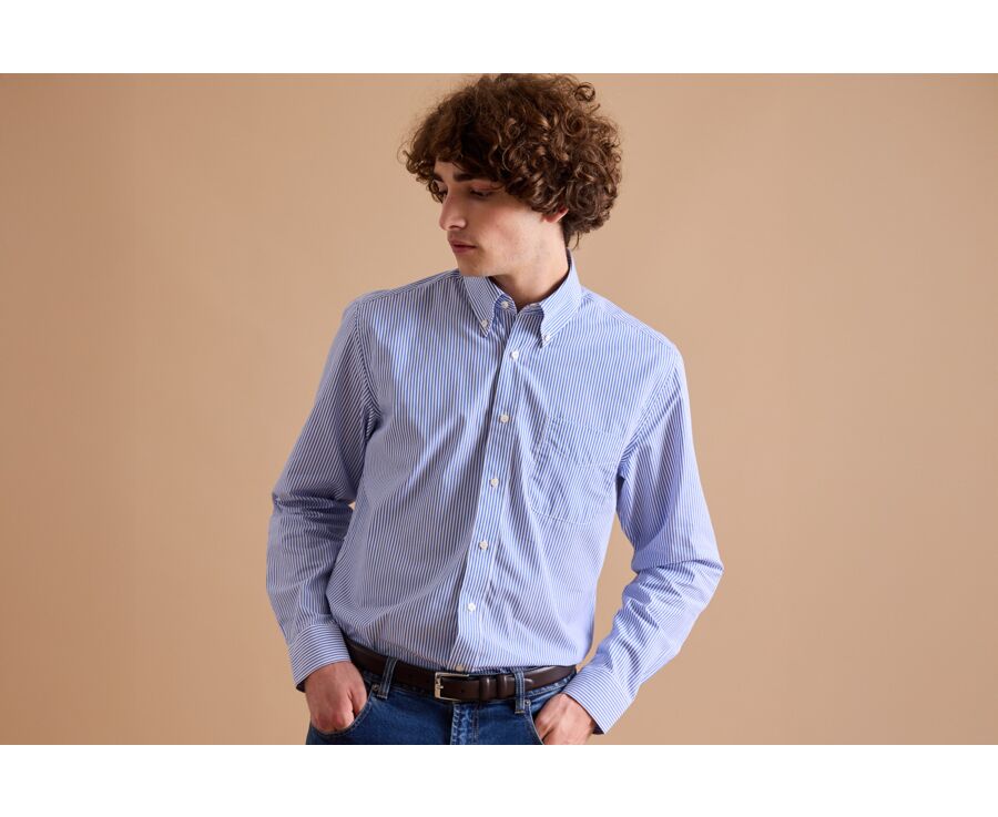 Chemise coton rayures bleues - Col américain - MARLON