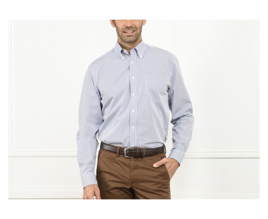 Chemise coton blanche carreaux marine - Poche - SCOTT